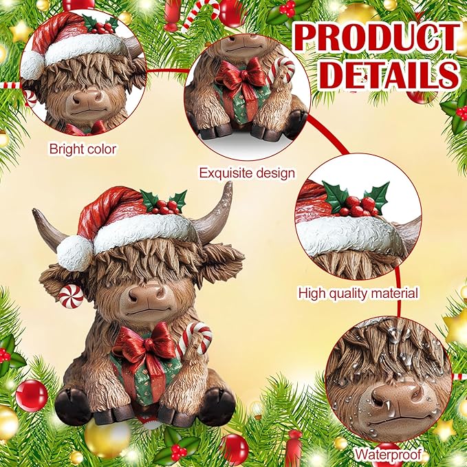 Karenhi 2 Pcs Christmas Highland Cow Decor, Resin Highland Cow Figurines Christmas Gnomes Gift Scottish Statue Calf with Xmas Tree for Calf Lovers Home Garden Kitchen Office Table Decorations
