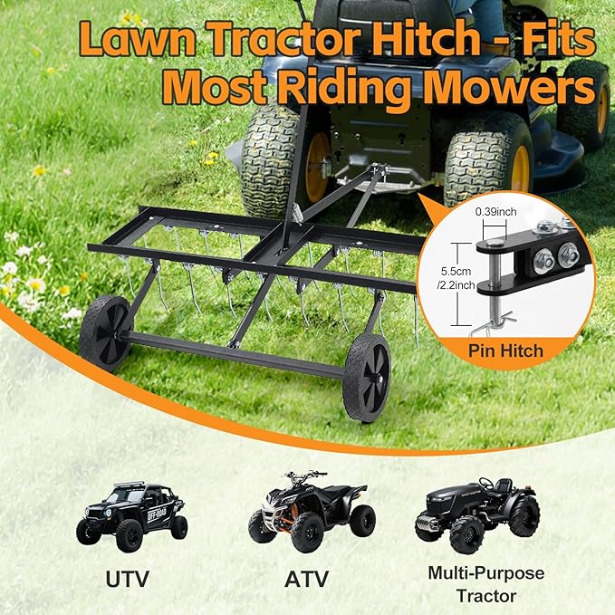 Tow Behind Dethatcher: 40inch Pull Behind Lawn Rake with 20 Spring Steel Tines Heavy Duty Lawn Tractor Attachments for Large Yard Garden Care