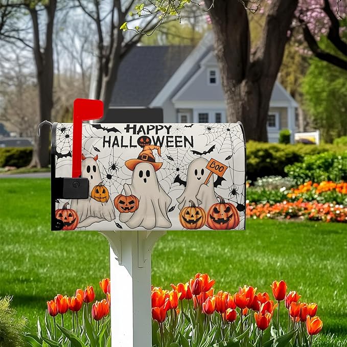 Happy Halloween Mailbox Covers Magnetic Boo Ghost Mail Box Cover Pumpkin Mailbox Wraps Magnetic Standard Size 21x18 inch for Outside Garden Yard Spider Web Bat