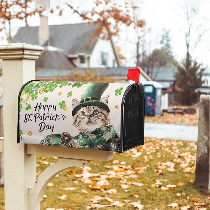 Patrick Cat Magnetic Mailbox Cover 25.5x21 Inch Happy St. Patrick's Day Clover Shamrocks Kitten Mailbox Wrap Post Cover Standard Size for Garden Yard Outdoor Outside Patio Holiday Decor