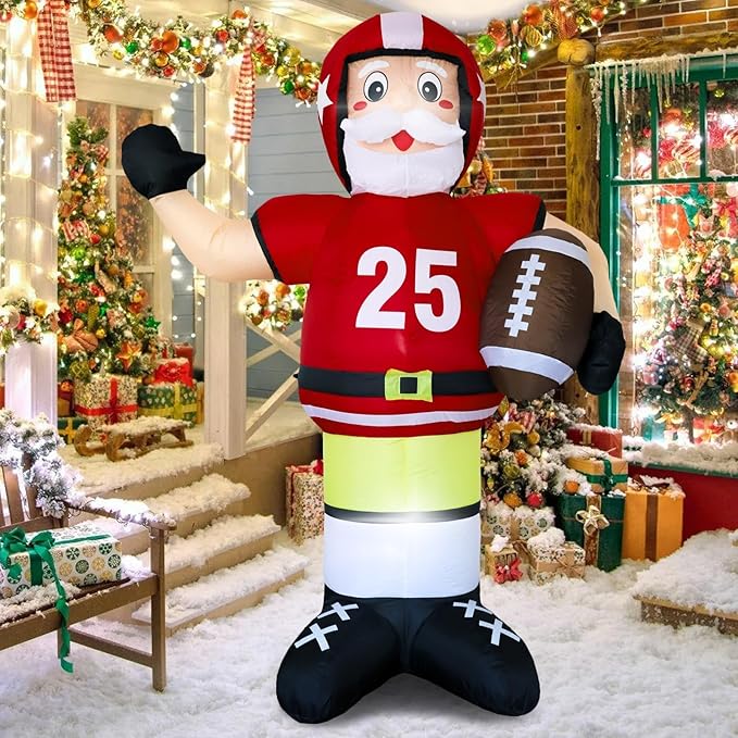 DearSun 8FT H Christmas Inflatable American Football Santa,Football Party Decorations,Blow Up No.25 Rugby Santa Player with Build-in LED Lights, Inflatable Player for Football Party Decor