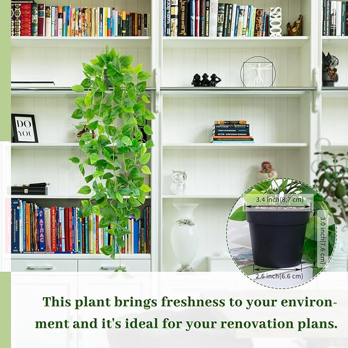 Artificial Hanging Plants Small Fake Pothos 39-in Long Potted Vine Plant Faux Trailing Ivy Vine for Shelf Home Office Indoor Outdoor Garden Greenery Decor (Black Pot)