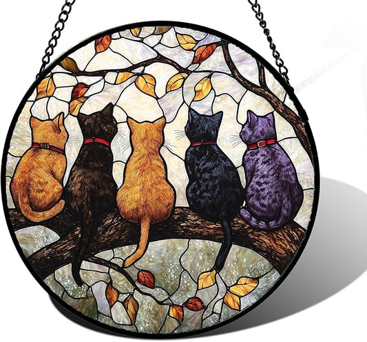 Stained Glass Window Hanging - 5 Cats on a Branch Suncatcher for Window Doors Home Decoration and Christmas, Mother's Day Father's Day Birthday Gifts for Women, Men, and Mom 9.8x9.8 in