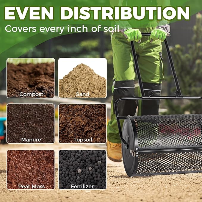 Outvita Compost Spreader, 24" Wide Lawn and Garden Peat Moss Roller with Side Latches, Powder Coated Steel Mesh Basket for Spreading Manure Mulch Topsoil