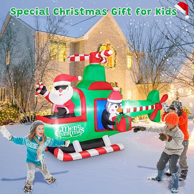 FunFanso 6.5FT Christmas Inflatable Santa Claus on Helicopter Outdoor Decorations with Bright LED Lights, Christmas Blow Up Santa Flying Airplane with Penguin for Xmas Decor Lawn Yard Holiday Party