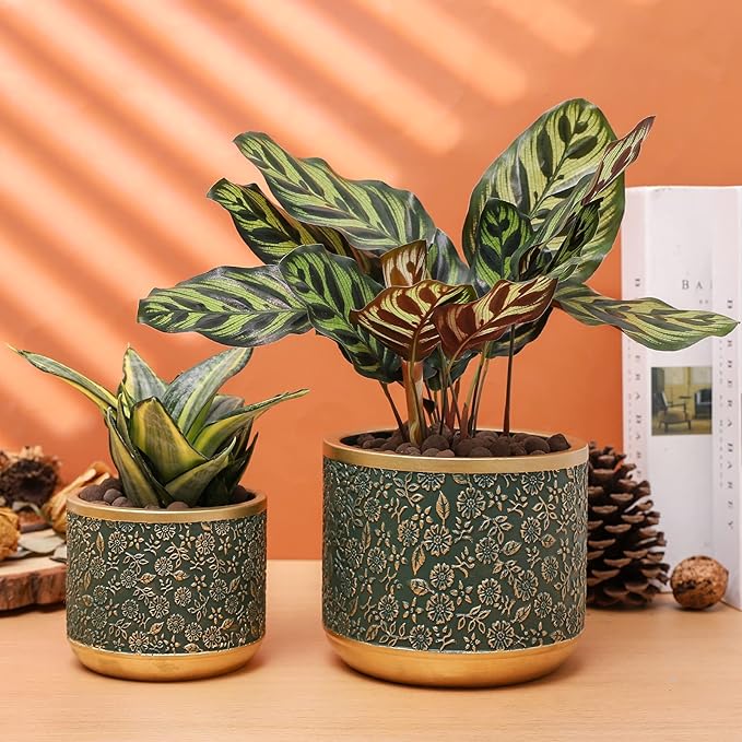 6 +4.4 Inch Cement Planter Decorative Pots with Drainage Hole for All House Plants, Succulents, Flowers, and Cactus (Green)