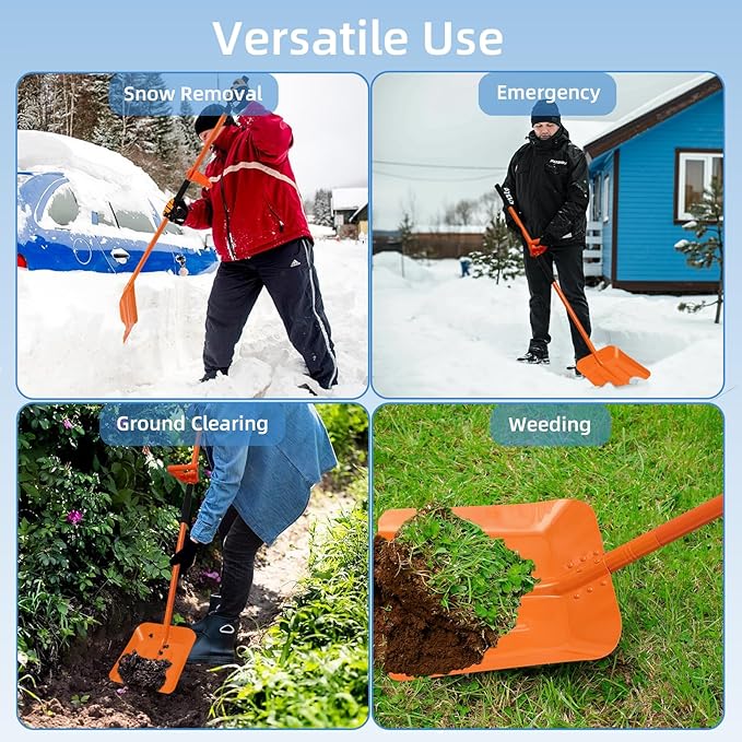 Snow Shovel, 69 Inch Adjustable Handle Snow Shovel for Driveway Large Capacity Shovel with Ergonomic Back-Saving Tool Handle for Car Emergency Camping Garden, Orange