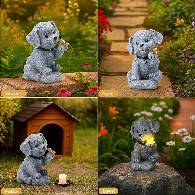 Solar Puppy Dog Garden Light Decor - 7.9" Cute Pet Memorial Statue, from Dawn to Dusk LED Light, Weatherproof Resin for Yard Pathway & Dog Lover Gifts