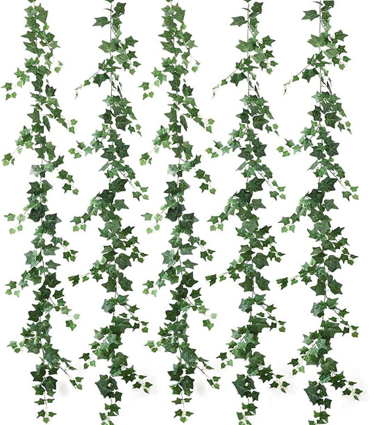 mizii 5 Pack 395" Artificial Vines Ivy Garland Fake Vine Realistic Silk Green Leaves Faux Hanging Plants Greenery Decoration for Outdoors Wedding Arch Party Indoor Mantle Bedroom Home Decor