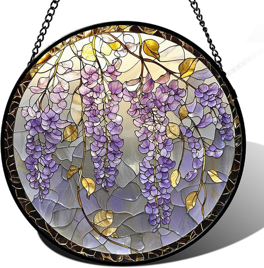 Stained Glass Window Hanging - Wisteria Flower Golden Leaves Sun Catcher for Door Home Decor Plant Suncatcher Christmas Mother's Day Birthday Gifts for Women Men Lovers Mom Nana 9.8 in