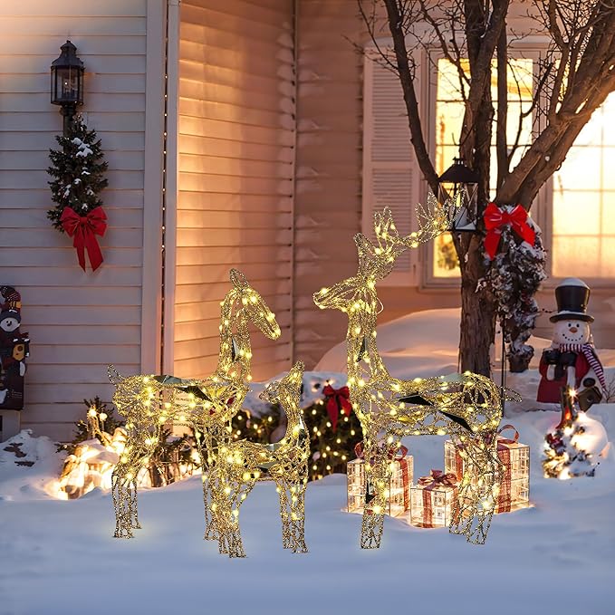 LuxenHome 3PCs Reindeer Christmas Decoration, Gold Reindeer Family with Glitter, 260 LED Lights, Indoor & Outdoor Lighted Christmas Decorations for Lawn, Front Porch, Xmas Holiday Yard Display