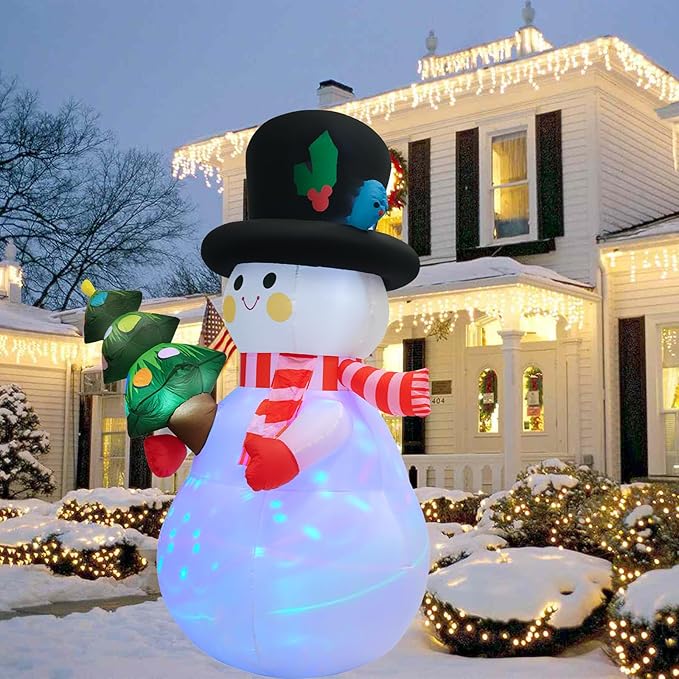 8 FT Christmas Inflatables Snowman Yard Decoration, Blow Up Snowman with Christmas Tree Outdoor Decoration with Rotating LED Lights for Holiday Party Garden Lawn Decor, Xmas New Year Kids Gifts