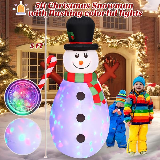 Danxilu 5 FT Christmas Inflatables Snowman with Colorful Rotating Led Lights Outdoor Yard Decorations, Blow Up Cute Snowman Xmas Frosty Winter Decor Clearance for Indoor Lawn Garden Holiday Party