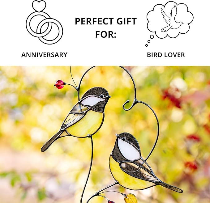 Gift Birds Handmade Chickadee Stained Glass Suncatchers Genuine Stained Glass Window Hanging Unique Indoor Ornament & Outdoor Decor (Pair of Chickadee)
