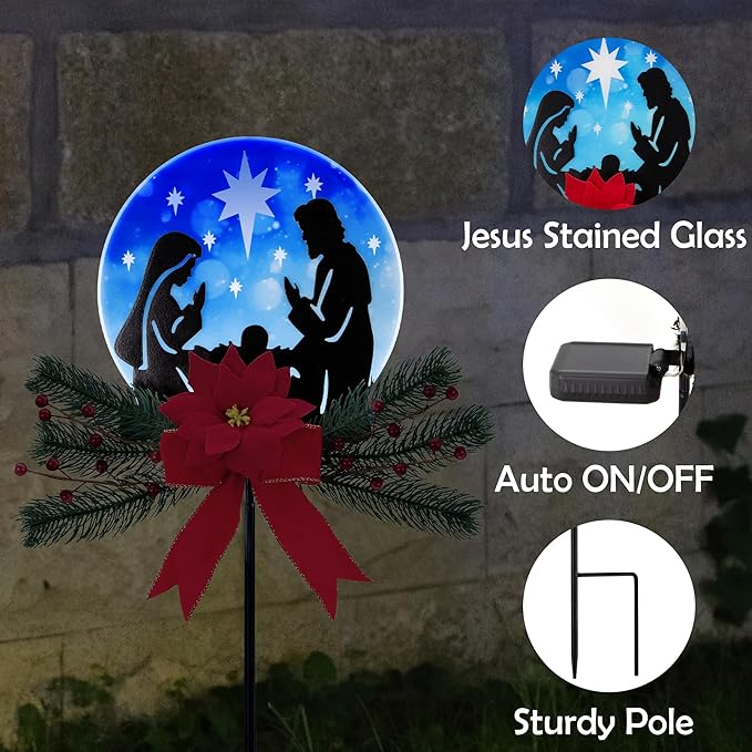 Nativity Scene Christmas Decorations Outdoor, 36" Jesus Solar Christmas Decor Metal Yard Stake, Outdoor Garden Decor Blue Stained Glass with Decorative Floral Christmas Decoration Gifts
