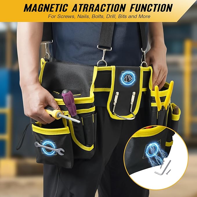 Tool Belts for Men with Suspenders - Magnetic Tool Pouch 26 Pockets Heavy Duty Work Belts - Detachable Adjustable Tool belt Pouch Bag for Electrician, Carpenter, Construction