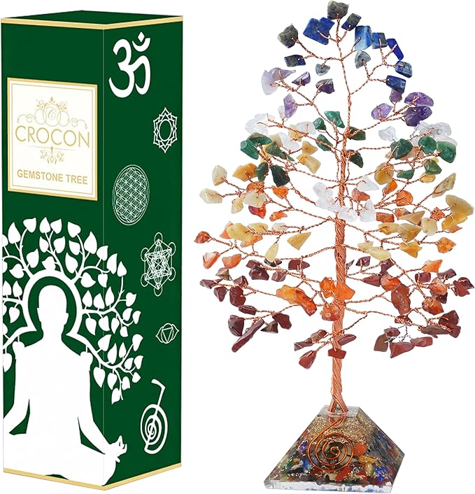 7 Chakra Crystal Tree with Orgone Pyramid Base Spiritual Desk Decor Healing Crystals Bonsai Tree Gifts for Women Office & Shelf Home Room Decor for Mom Sister Girlfriend Present Housewarming