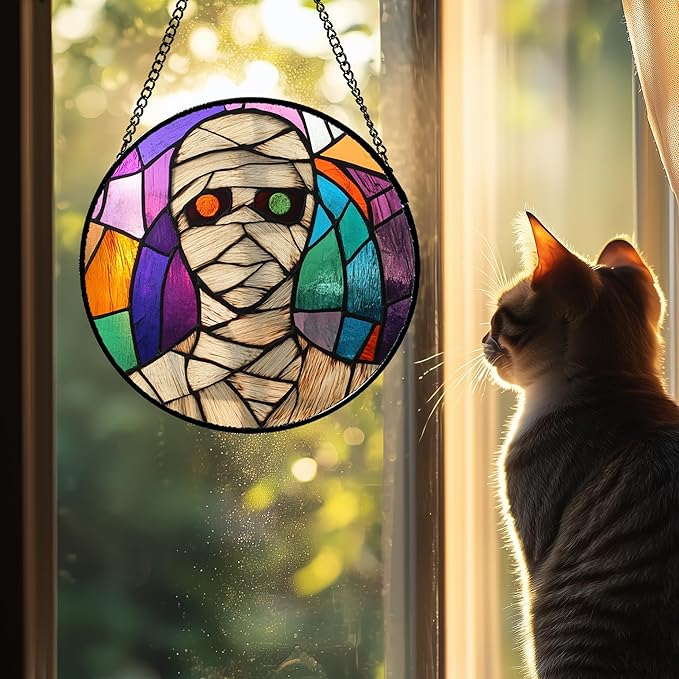 Stained Glass Window Hanging Halloween Abstract Colorful Mummy Large 15" - Suncatcher Door Garden Sun Catcher Gothic Decor Birthday Horror Funny Gift for Mom Woman Nana Friend Men