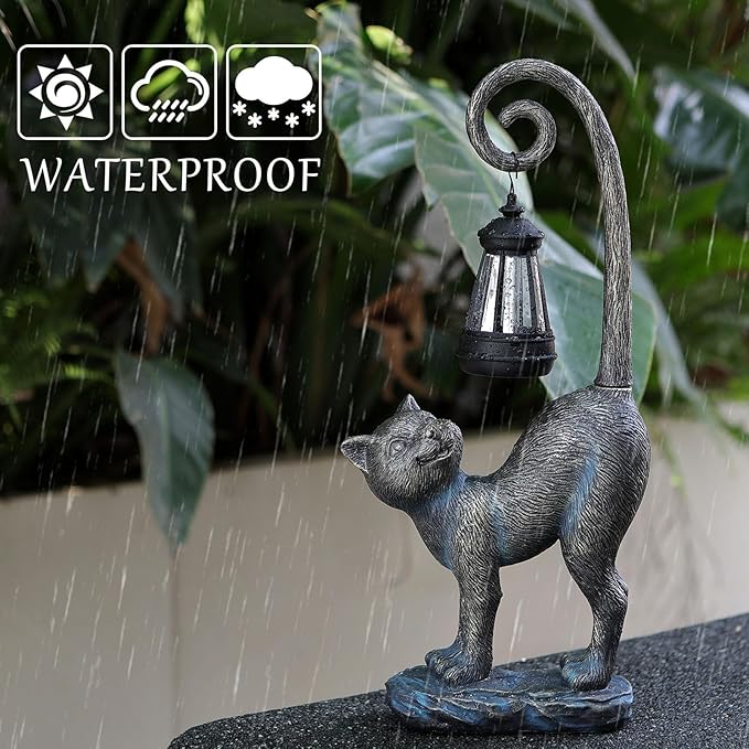 Outdoor Christmas Decorations Gifts Cat Garden Statues with Solar Lights, Fall Home Decor Cat Figurines for Lawn,Patio,Balcony,Porch,Yard Art Ornament- Birthday Gifts for Women Grandma Sister