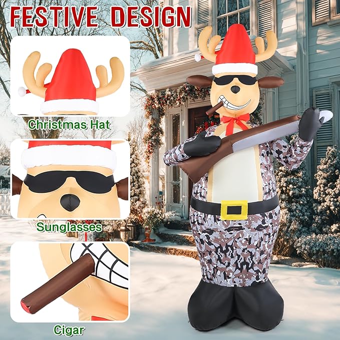 Christmas Inflatable Outdoor Decorations, 7FT Inflatables Camouflage Reindeer Yard Decor with Hat & Gun, LED Lights Blow up Giant Deer Holiday Decoration for Indoor Outside Lawn Garden Soldier Army