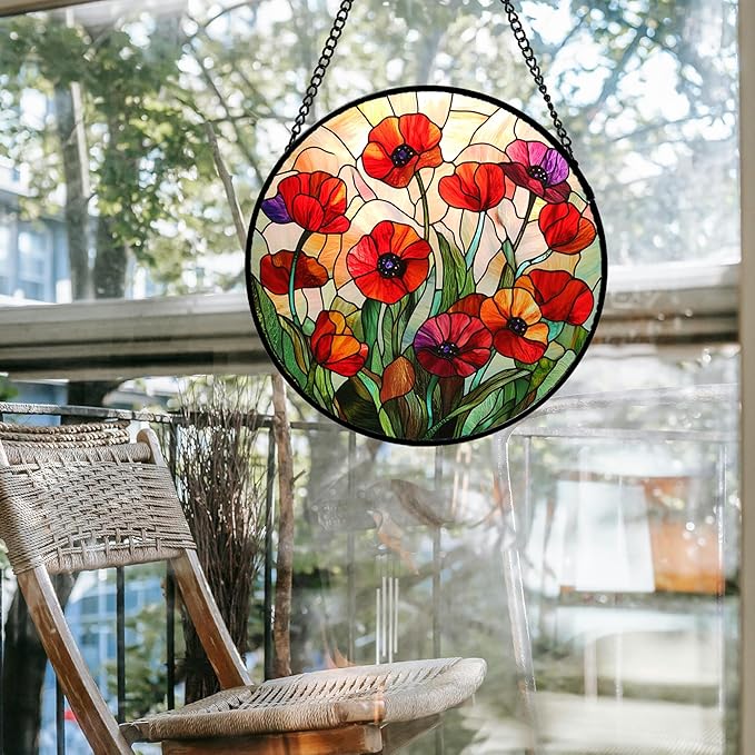 Stained Glass Window Hanging - Poppy Birth Flowers Suncatcher for Door Garden Yard Wildflowers Sun Catchers Decor Christmas Mother's Day Birthday Gifts for Women Mom Nana Friend 7.8 in