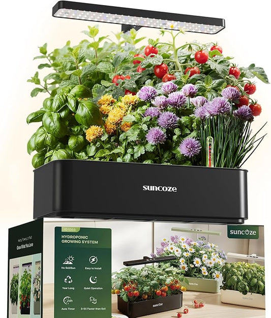 SUNCOZE Hydroponics Growing System Kit 12 Pods, 24W LED Grow Light Indoor Garden, 4L Water Tank with Quiet Pump, Adjustable Height Herb Garden Planter Indoor Kit, Gardening Gifts, Black