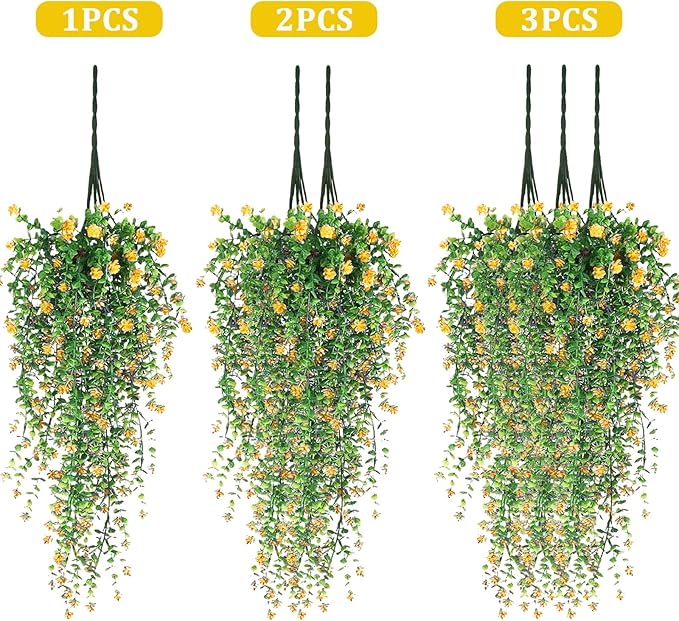 Artificial Hanging Flowers, 3 Pcs Fake Hanging Plants Artificial Vines for Outdoors, Fake Ivy Vine UV Resistant No Fade Faux Plants for Indoor Outside Garden Patio Yard Greenery Decoration (Yellow)
