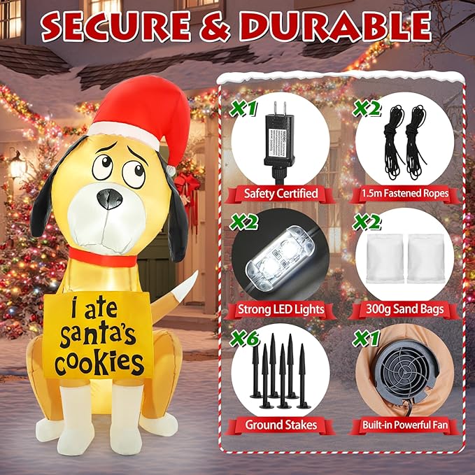 Christmas Inflatable Outdoor Decorations, 4FT Inflatables Cute Dog Yard Decorations Decor with 2 LED Lights, Blow up Santa Puppy Holiday Decor for Indoor Outside Lawn Garden