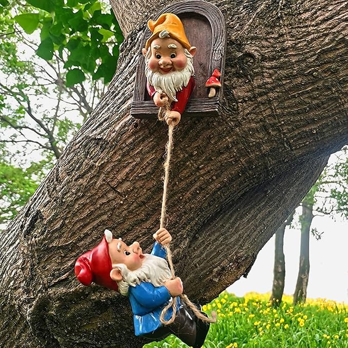 Teaeeno Gnome Garden Decoration Climbing Tree Decor Outdoor, Fairy Door Tree Face Figurine Lawn Patio Decor, Funny Climbing Elves Tree Peeker Sculpture Yard Art