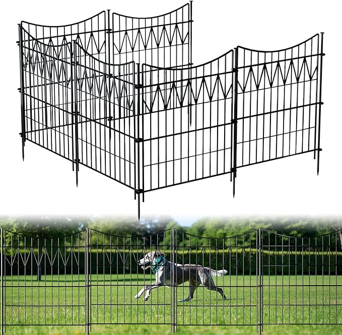 6 Panels Garden Fence Animal Barrier, 32in(H)×13.5ft(L) Rustproof Metal No Dig Fence | Reusable Decorative Garden Fence Border with Extra-Long Ground Stakes | Temporary Dog Fence for Yard, Black