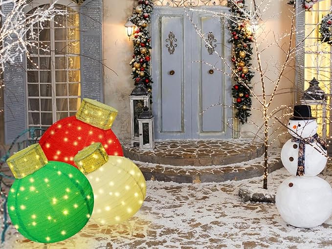 Giant Lighted Pop-Up Christmas Ornaments for Outdoor Display, 3-Piece Holiday Ball Decorations with 240 LEDs, Red/Green/White for Yard or Lawn