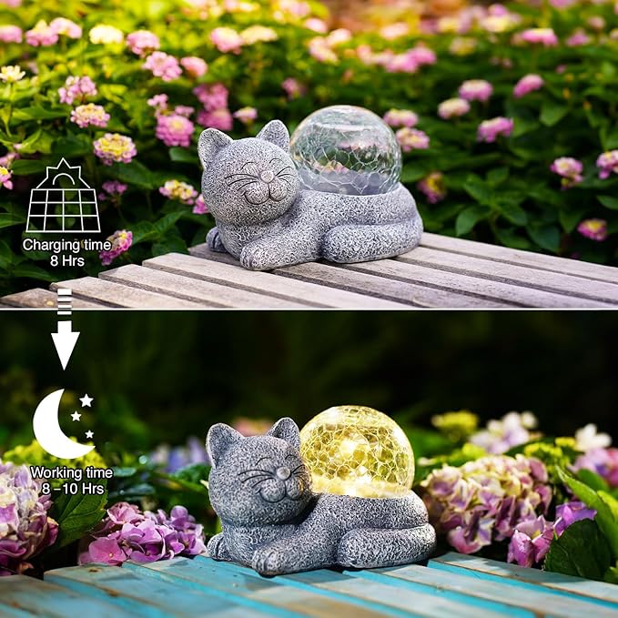 Goodeco Cat Statue with Solar LED Lights - Smile Garden Enthusiasts Outdoor Decor - Ideal Gifts for Mom, Birthdays & Cat Lovers