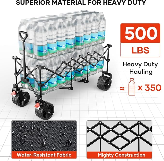 49" L Collapsible Extended Wagon with 500lbs Weight Capacity,300L Heavy Duty Sports Wagon,Big All-Terrian Wheels with Cup Holders,Cart for Sports,Grocery,Shopping