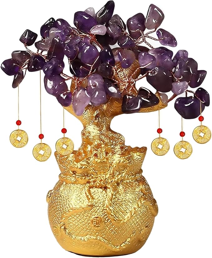 Amethyst Crystal Money Tree – Feng Shui Wisdom Purification Golden Bag Bonsai Lucky Gemstone Home Office Decor (14cm Height)