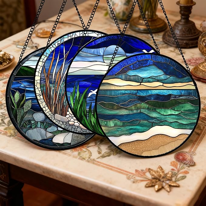 Stained Glass Window Hanging 4 Pcs Set Navy Blue Ocean Landscape Large 11.8" - Suncatcher Door Garden Sun Catcher Decor Birthday Mother's Day for Mom Woman Nana Girl Boy Friend