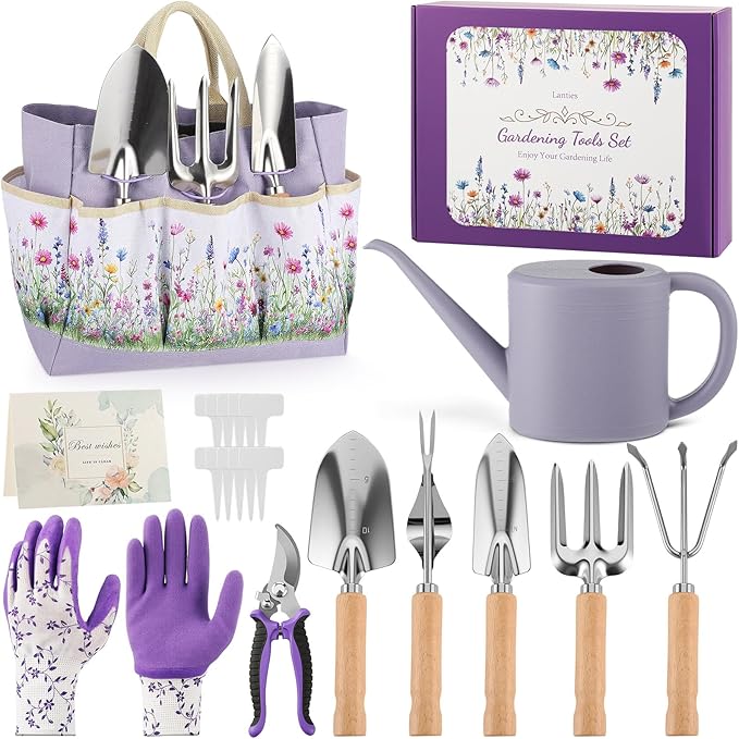 21 Piece Gardening Tools Set Heavy-Duty Gardening Gifts for Women Wife Grandma Garden Hand Tools with Purple Floral Tote Bag Water Can Garden Supplies Kit for Christmas White Elephant