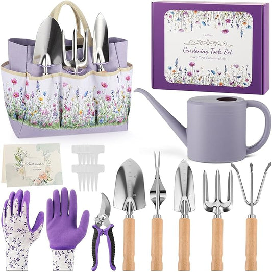 21 Piece Gardening Tools Set Heavy-Duty Gardening Gifts for Women Wife Grandma Garden Hand Tools with Purple Floral Tote Bag Water Can Garden Supplies Kit for Christmas White Elephant