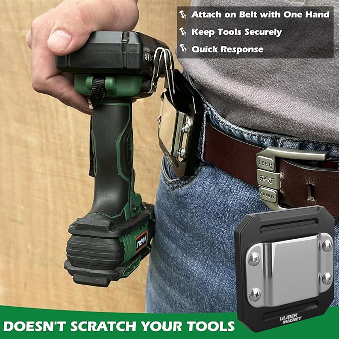 ULIBERMAGNET Drill Holder Belt Clip,Heavy Duty Clip-On Tape Measure Belt Holder,Soild Aluminum Tools Holster with Belt Clip Hook for Cordless Drill,Impact Driver,Tape Measure,Tools with Hanger Clips