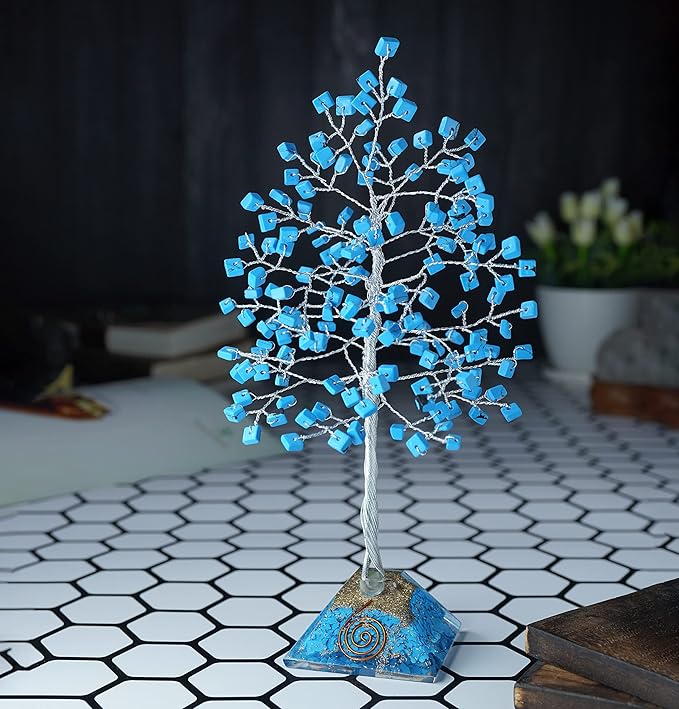 Turquoise Crystal Tree with Orgone Pyramid Base Desk Decor Healing Crystals Bonsai Tree Gifts for Women Office & Shelf Home Room Decor for Mom Sister Girlfriend Present Housewarming