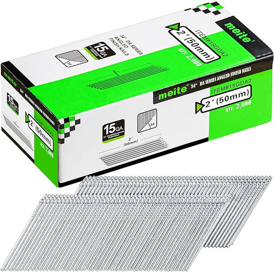 meite 15 Gauge 34 Degree Angled Finish Nails, 2 Inch Leg Galvanized No-rust Finishing Nails for Nailer Gun, Glue-Collated Trim Nails for Baseboard Crown Cabinet Window Molding, 2 Boxes x 2,000PCS