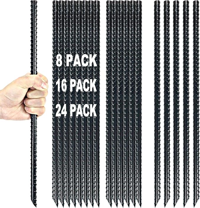 16 Inch Ground Rebar Stakes Heavy Duty Steel Ground Anchors for Outdoor, Straight Metal Stakes with Chisel Point end, Black Powder Coated (8)