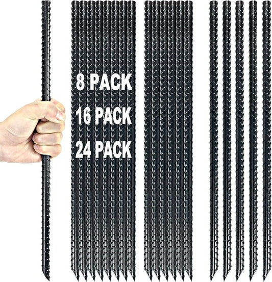 16 Inch Ground Rebar Stakes Heavy Duty Steel Ground Anchors for Outdoor, Straight Metal Stakes with Chisel Point end, Black Powder Coated (8)