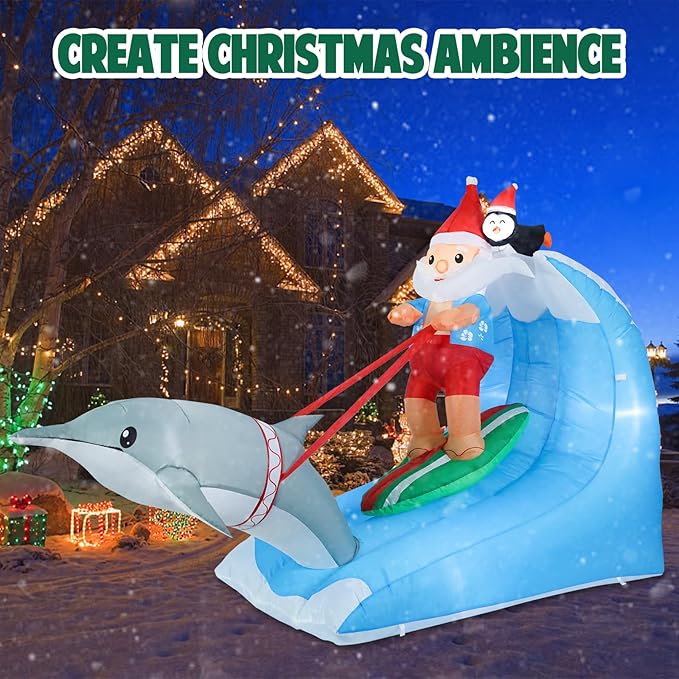 Vipush 7.5 FT Christmas Inflatable Decorations Santa Claus Surfing Christmas Decorations Outdoor Inflatable with LED Light, Outdoor Holiday Decor Blow Up Yard Decor
