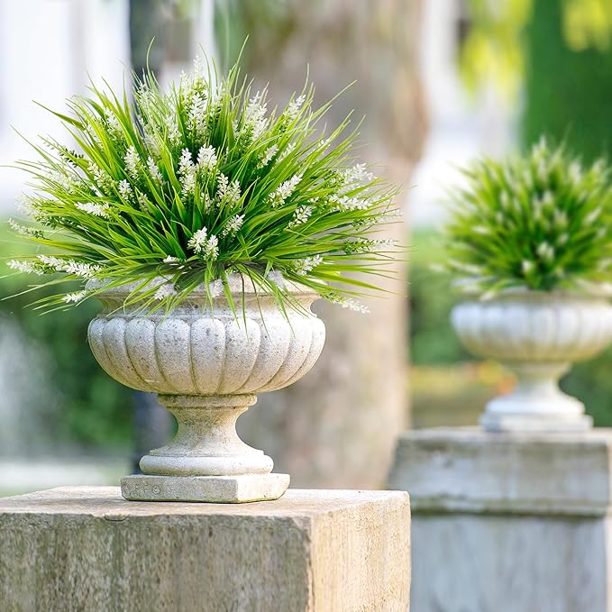 Sggvecsy 24 Bundles Artificial Plants Outdoor Faux Lavender Flowers Fake Monkey Grass UV Resistant Plastic Greenery Plants for Garden Home Porch Window Patio Hanging Planter Indoor Decor (White)