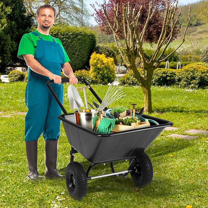 Goplus 2 Wheel Wheelbarrow, 330 LBS Utility Garden Cart with 10” Pneumatic Tires & Handle, 21 Gal Volume, Yard Dump Cart Wheel Barrow, Heavy Duty Wheel Barrow for Lawn (Black Handle+Black Cart)