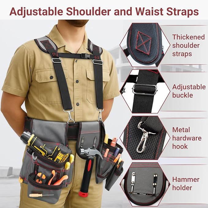 Tool Belt With Suspenders, Heavy Duty Magnetic Tool Belts for Men with 18 Pockets, Tool Belt with Adjustable 32 to 66 Inches Detachable Waist for Electricians, Carpenters, Framers, Grey