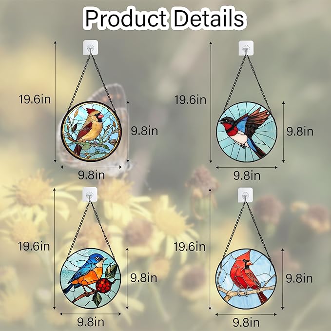 Stained Glass Window Hanging 4 Pcs Set Cardinal Blue Birds 9.8" - Suncatcher Door Garden Sun Catcher Decor Birthday Mother's Day for Bird Lovers Men Woman Nana Friend