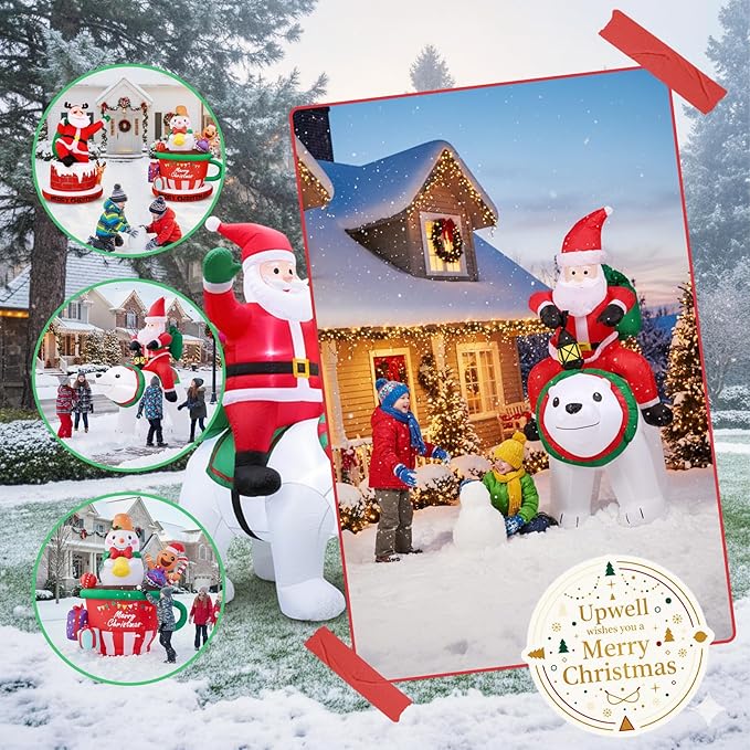 UPWELL 6FT Inflatable Santa Claus and Bear - Classic Outdoor Holiday Yard Decoration with LED Lights, Self-Inflating, Stable & Durable, Suitable for Christmas Decor & Events