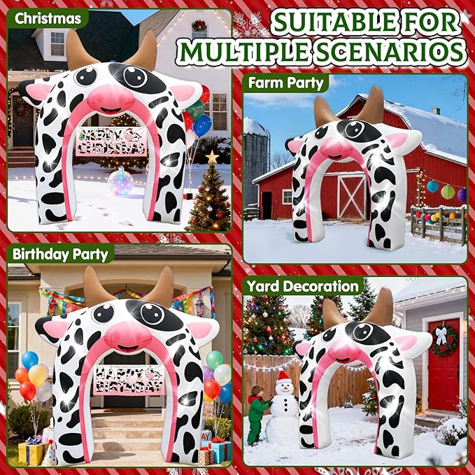 12FT Christmas Inflatable Cow Arch Outdoor Decorations Giant Cow Inflatables with Built-in 5 LED Lights Farm Animals Blow Up Garden Yard Lawn Decor for Baby Shower Cow Birthday Party Decoration