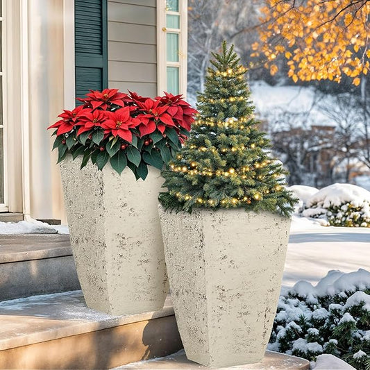18.9" H Country White Square Planters for Outdoor Plants,Set of 2 Large Flower Pot with Drainage Hole, Weather-Resistant for Porch,Garden,Patio or Indoor Use. Ideal for Christmas Decoration